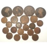 British India colonial copper coins of Queen Victoria, Edward VII and George V, with four