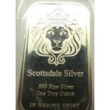 999 fine silver one troy ounce ingot, Scottsdale. P&P Group 0 (£5+VAT for the first lot and £1+VAT