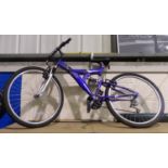Purple Delta 15 speed full suspension bike with 14 inch frame. Not available for in-house P&P