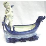 Victorian continental porcelain on boat, H: 26 cm. No cracks, chips or visible restoration. P&P