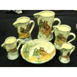 Set of five Royal Doulton Gallant Fishers, graduated jugs with a matching bowl, largest H: 24 cm.