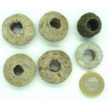 Six lead Medieval spinning whorls, approximately largest D: 30 mm. P&P Group 0 (£5+VAT for the first