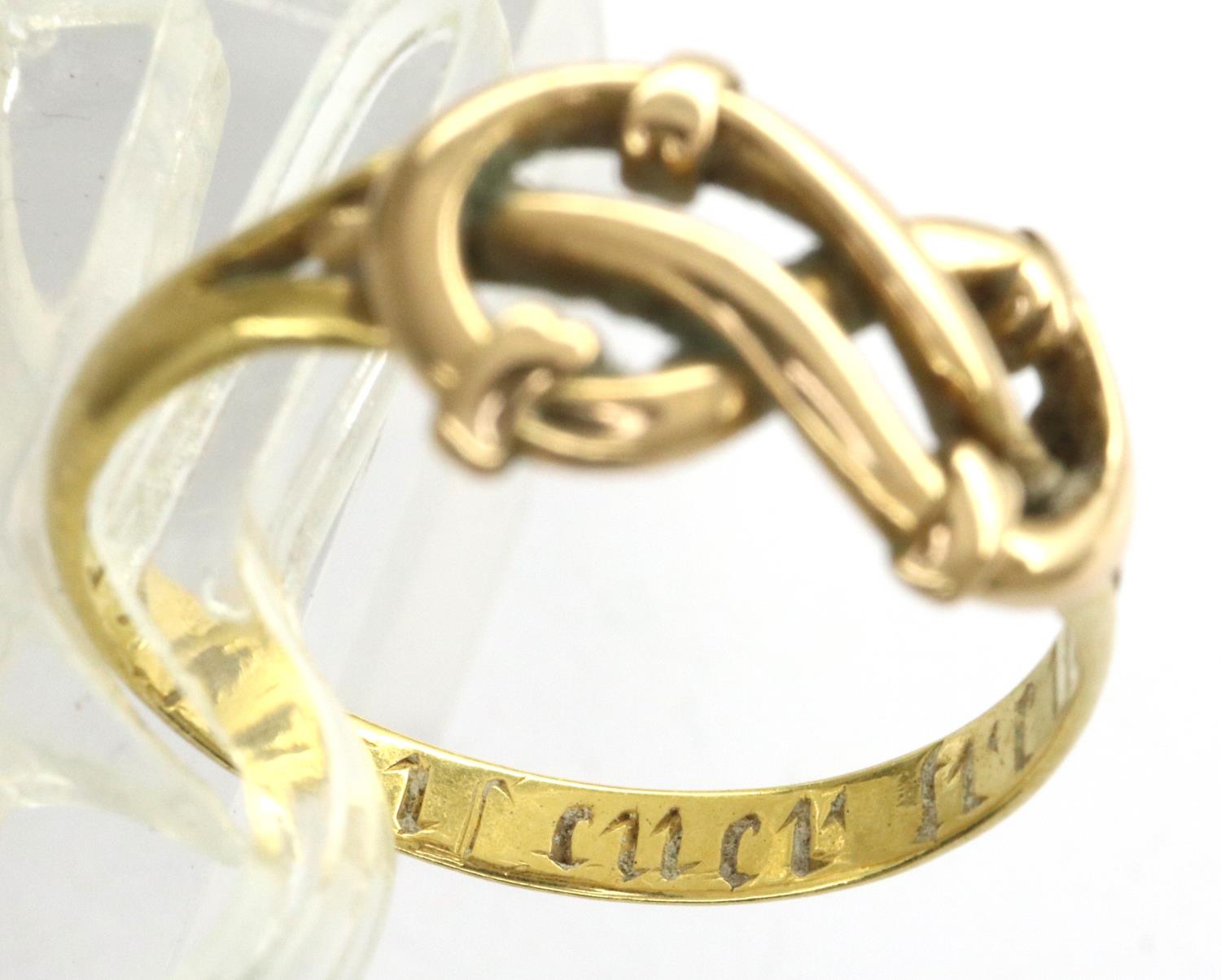 Unmarked, presumed 18ct gold ring bearing inscription to the shank, size L/M, 2.3g. P&P Group 1 (£ - Image 3 of 4