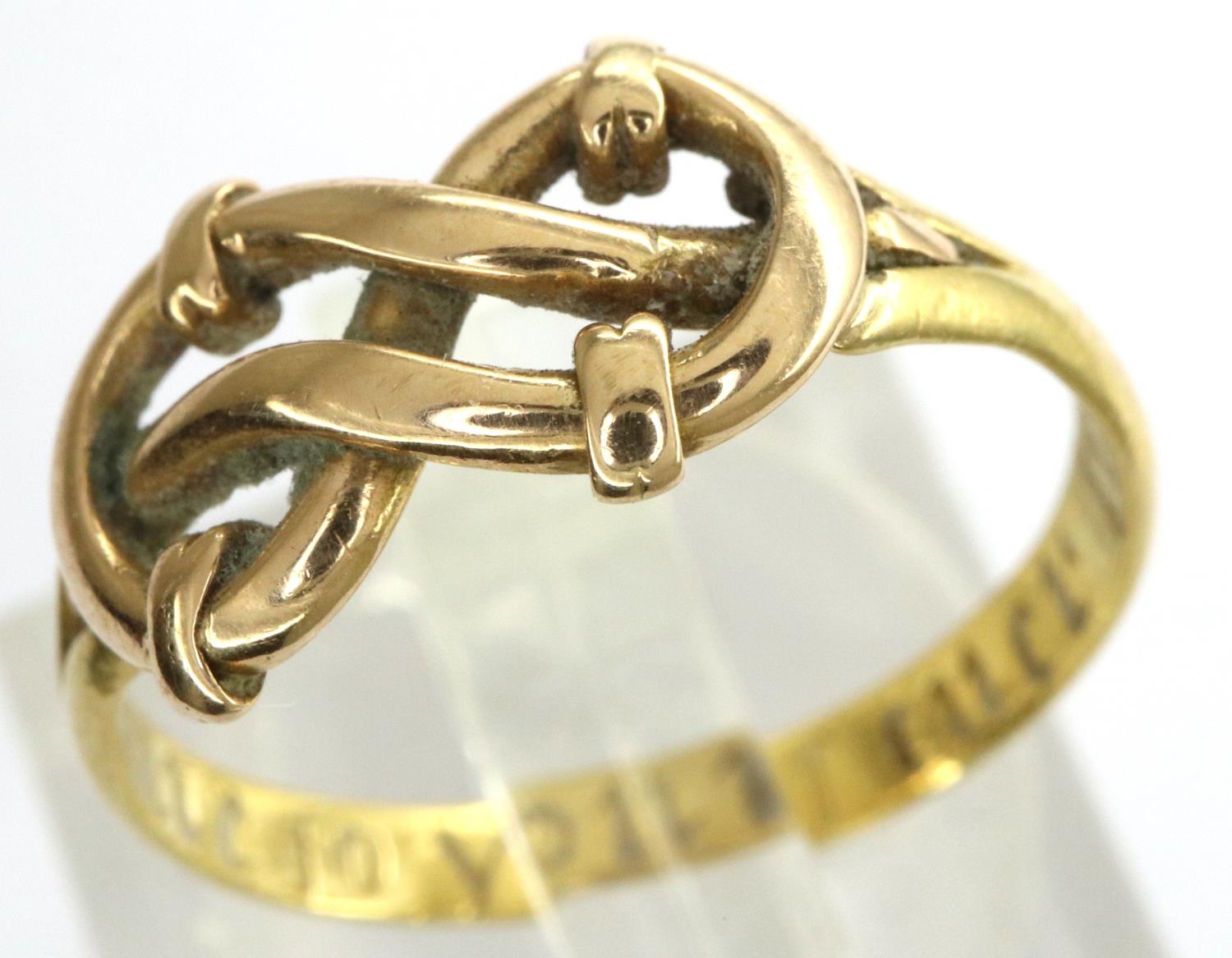 Unmarked, presumed 18ct gold ring bearing inscription to the shank, size L/M, 2.3g. P&P Group 1 (£