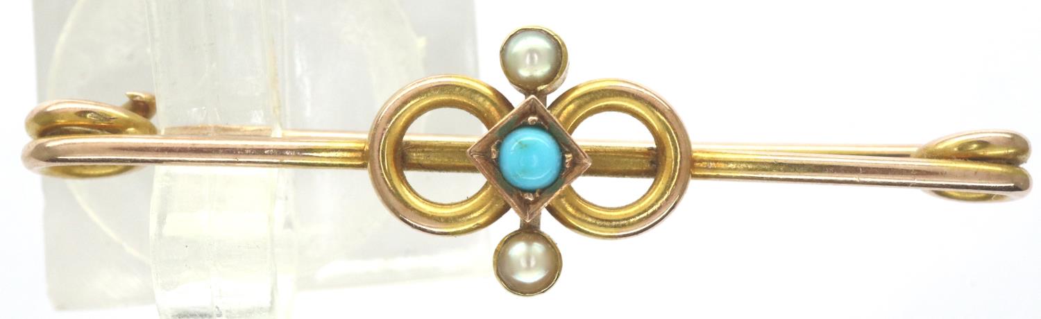 Victorian 15ct gold turquoise and seed pearl brooch, L: 42 mm, 2.6g. P&P Group 1 (£14+VAT for the