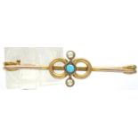 Victorian 15ct gold turquoise and seed pearl brooch, L: 42 mm, 2.6g. P&P Group 1 (£14+VAT for the