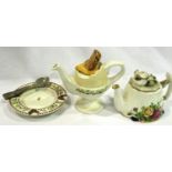 Paul Cardew miniature teapot and a second quality Royal Albert Old Country Rose example. No