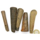 Five wooden Industrial Age blade handles, largest L: 90 mm. P&P Group 0 (£5+VAT for the first lot