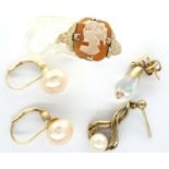 Pair of 9ct gold pearl set earrings, a cameo set ring and two odd 9ct gold mounted earrings,