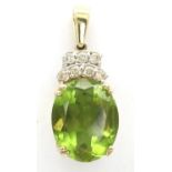 Presumed 9ct gold peridot and diamond set pendant, indistinctly marked, L: 20 mm, 2.2g. P&P Group