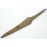 Medieval dagger blade, tang intact, presumed Anglo Saxon, L: 130 mm. P&P Group 0 (£5+VAT for the