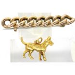 Victorian (presumed, unmarked) gold brooch, L: 45 mm, and a 9ct gold dog charm, combined 3.0g. P&P