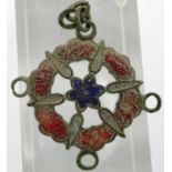 Tudor Period enamelled pendant, stylised rose type, L: 25 mm. P&P Group 0 (£5+VAT for the first