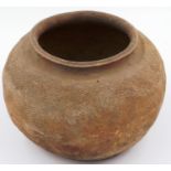 Eastern Han Dynasty fired clay jar, the wide body with incised decoration and flared rim, D: 22