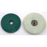 White jade and green jade disc, D: 4.6 and 4.8 cm. P&P Group 1 (£14+VAT for the first lot and £1+VAT