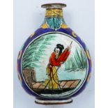 An enamelled copper moon form snuff bottle, decorated with female figures to each side, lacking