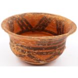Neolithic period terracotta bowl, being painted and having a flared rim, D: 17 cm, H: 9 cm. P&P
