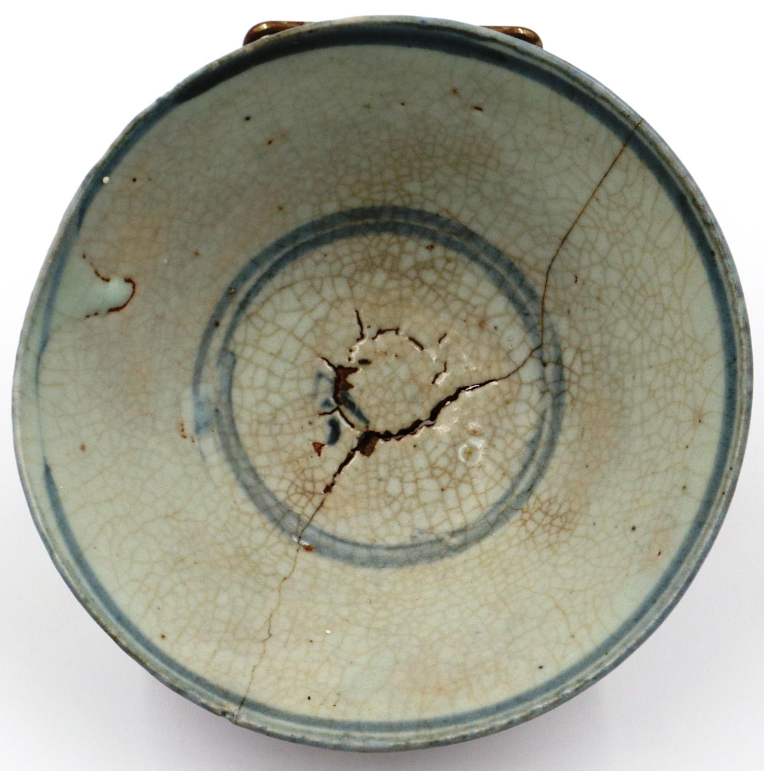 An early Southeast Asian glazed bowl, of tapering form with painted characters to the body, D: 13