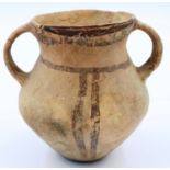 A Neolithic period vessel, twin handles and of urn form, with polychrome decoration, D: 12 cm, H: 12