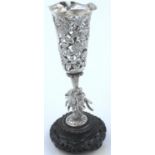 Chinese silver vase, pierced, with designs of flowers and foliage, on a cast dragon column, raised