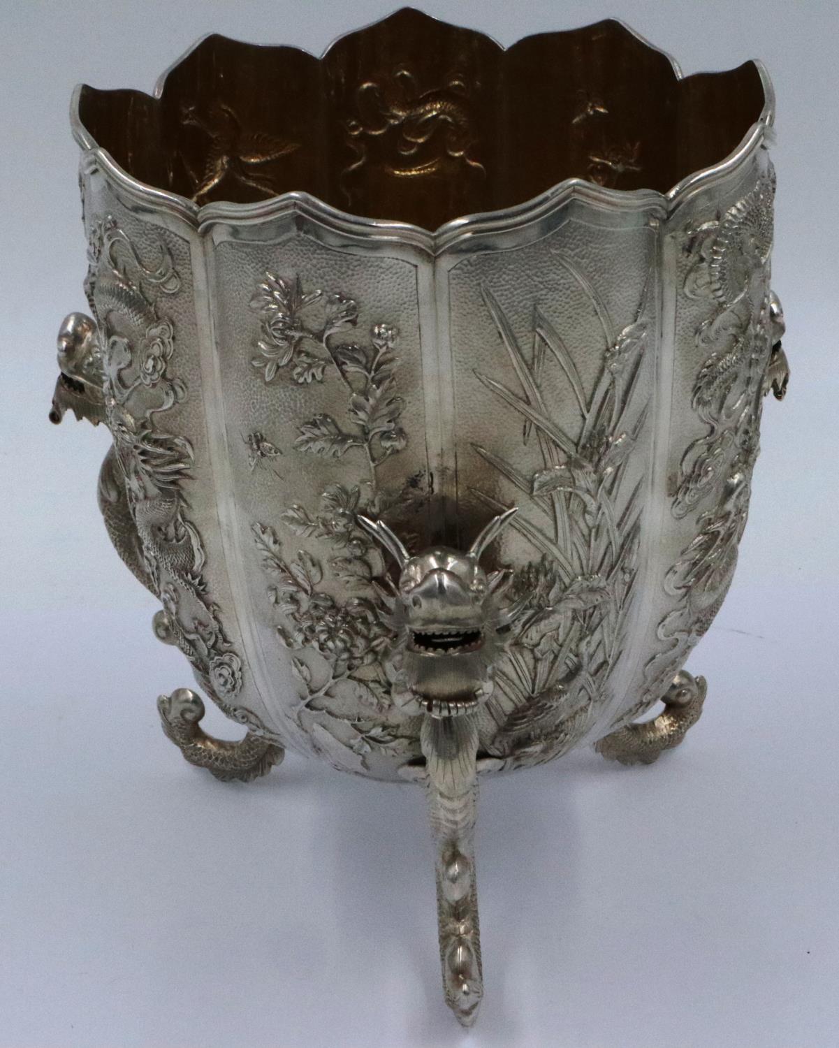 An excellent late 19th century Wang Hing silver presentation bowl, of lotus form with wave-edge rim, - Image 2 of 7