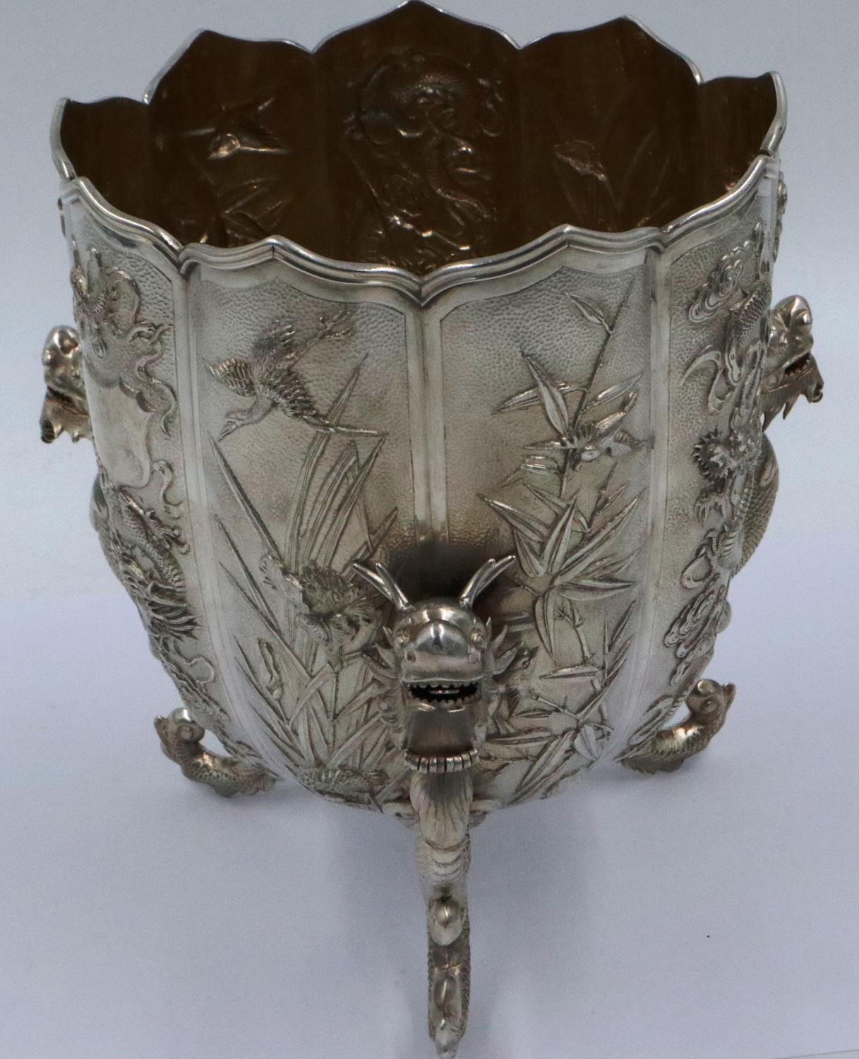 An excellent late 19th century Wang Hing silver presentation bowl, of lotus form with wave-edge rim, - Image 4 of 7