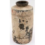 A Han Dynasty cylindrical clay brush jar, with remnants of polychrome decoration, H: 22 cm. Losses