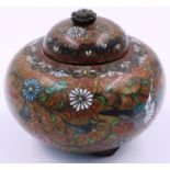 A small 19th century Chinese cloisonné enamelled pot with cover, with a bronze lotus flower