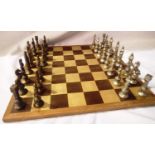 Metal chess set, Heraldic figures and wooden board, King H: 90 mm. P&P Group 2 (£18+VAT for the