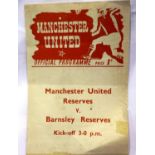 Manchester United Reserves programme 11th March 1952 v Barnsley Reserves. P&P Group 1 (£14+VAT for