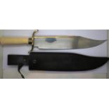 Large hand forged Bowie style knife with black leather sheath. P&P Group 3 (£25+VAT for the first