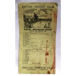 Rare 1948 Ashton Cricket Club v Manchester United cricket programme, United won, 15th August 1948.