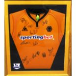 Framed Wolverhampton wanderers FC rugby orange Le Coq Sportif shirt/Sporting Bet, signed, 76 x 89
