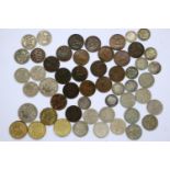 Selection of mixed UK coinage including ten threepences, seven sixpences and eighteen farthings. P&P