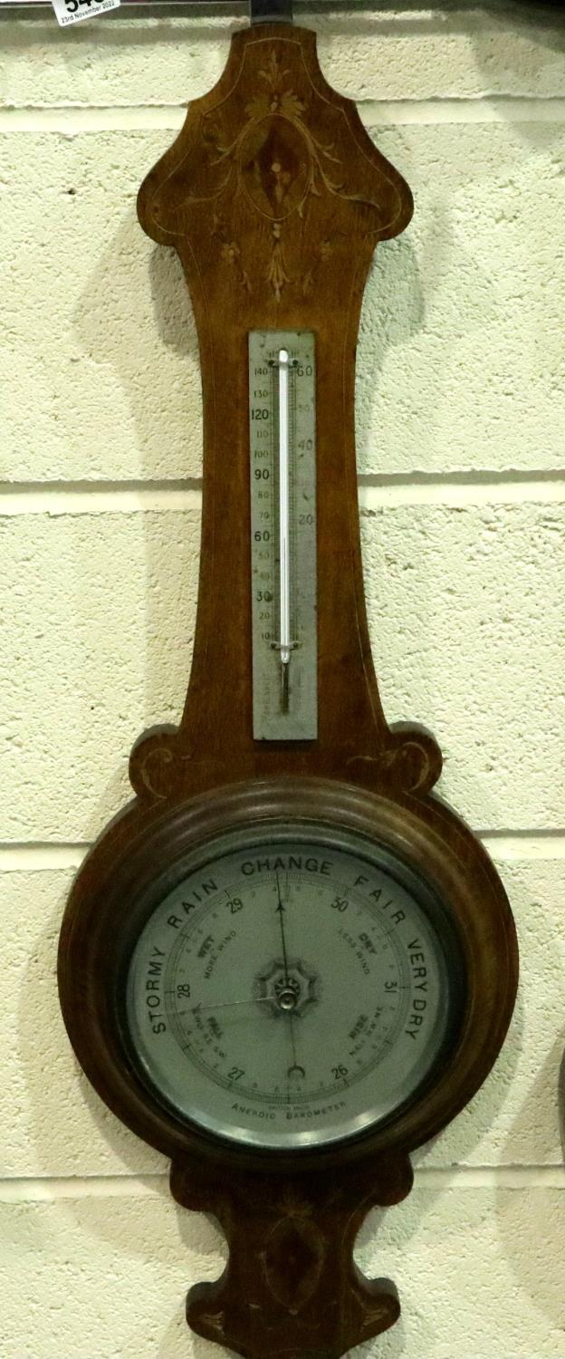 Inlaid oak cased barometer thermometer, H: 85 cm. Not available for in-house P&P