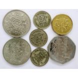 Selection of mixed UK coinage comprising of Cinzand £1 coin 1983, 1975 50p coin, three sixpences