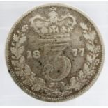1877 silver threepence of Queen Victoria. P&P Group 0 (£5+VAT for the first lot and £1+VAT for