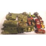 Seven Dinky model tanks together with a small collection of playworn toy cars. P&P Group 2 (£18+