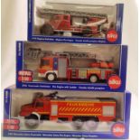 Three Siku 1/50 scale fire engines 4114- Magirus, 2106 ladder truck, 2109 Mercedes Zetros, all in