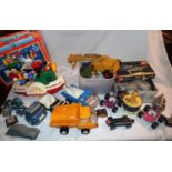 Mixed toys including Pedigree Disney show boat, Tonka Toys, Scalextric tinplate racing car, Lego,