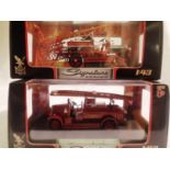 Two signature models 1/43 scale fire engines 1934 Leyland FK-1 and 1921 Denms N type, both in