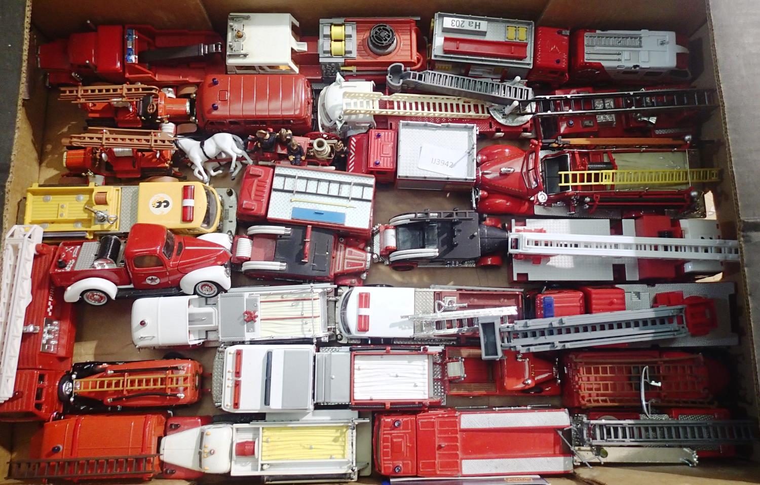 Approximately thirty plus fire engines, plastic and metal, various makes and scales, mostly good,