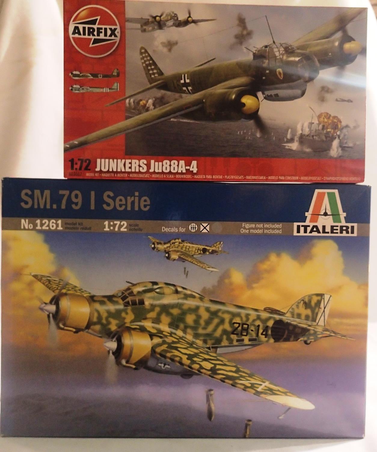 Two 1/72 scale German WWII Aircraft kits to include Airfix Junkers JU88A-4 and Italeri S.M79 1