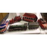 Five large decorative tin plate models to include bus, fire engine, VW bus, baby Fiat, Flying