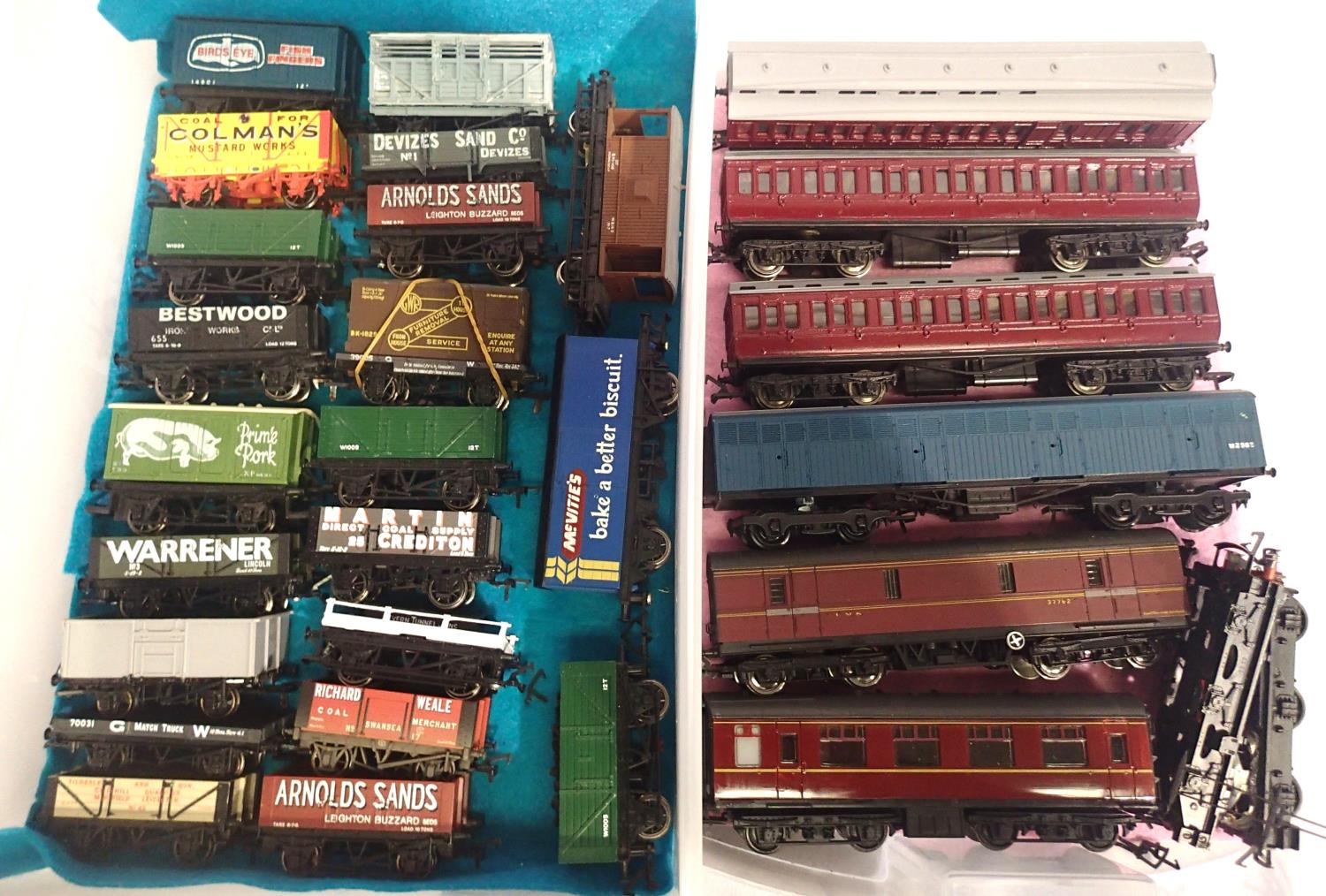 OO scale: twenty one assorted wagons, various makes and six coaches/and including three repainted
