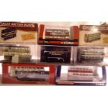 Six Corgi OOC 1/76 scale buses and two Great British buses, mostly in excellent condition, one