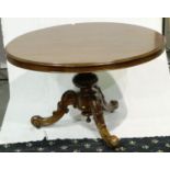 A Victorian mahogany circular breakfast table with tilting mechanism and heavily carved support,