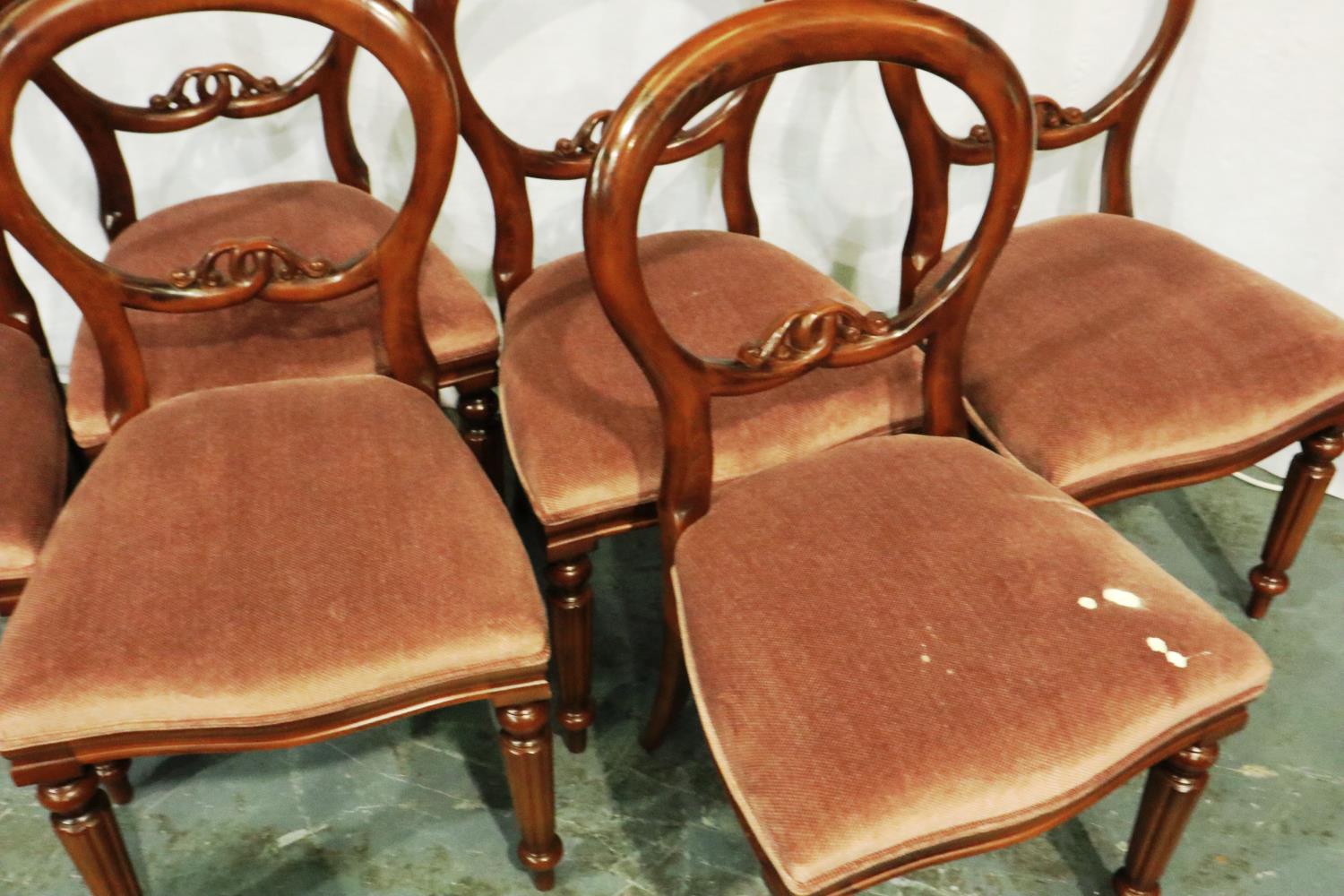 A set of six Victorian style balloon back dining chairs, each with upholstered seat. Not available - Image 3 of 5