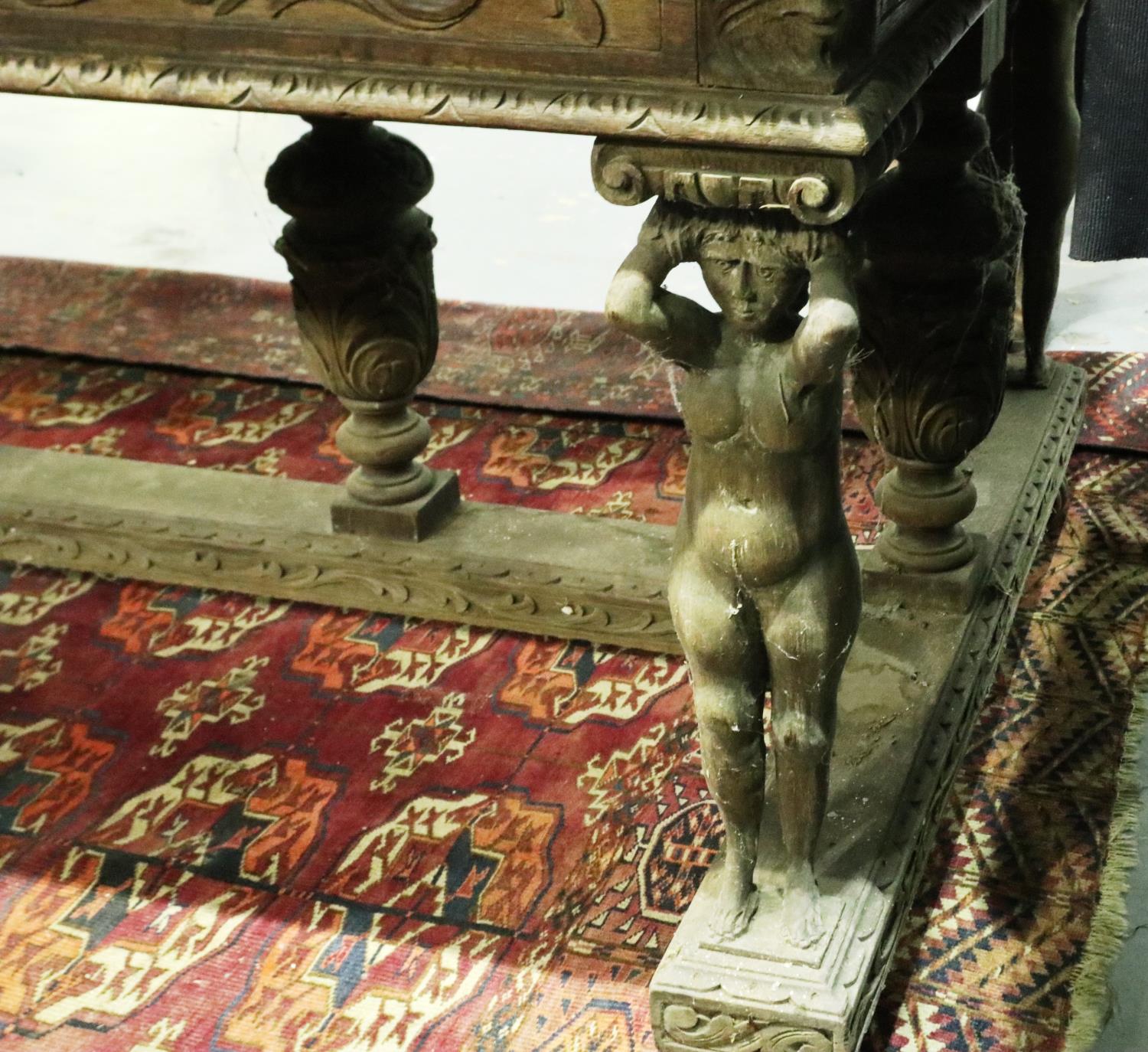 A Victorian oak centre table, carved in the Jacobean manner, with figural and bulbous supports, - Image 3 of 6