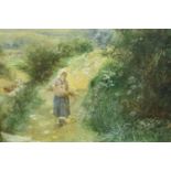 J Herdman (19th century): watercolour, peasant girl on a country lane, 23 x 28 cm. Not available for